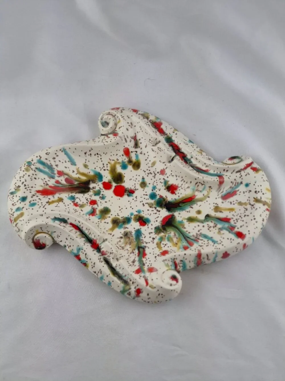 Speckled Ceramic Ashtray Drip Glaze Splatter Mid Century Modern Red Turquoise